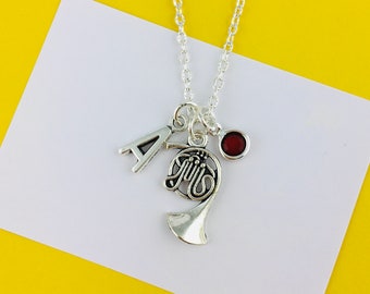 French Horn Necklace, Personalised Gifts, Music Jewellery,  Initial and Birthstone, musical lover gift, brass instrument music teacher gift