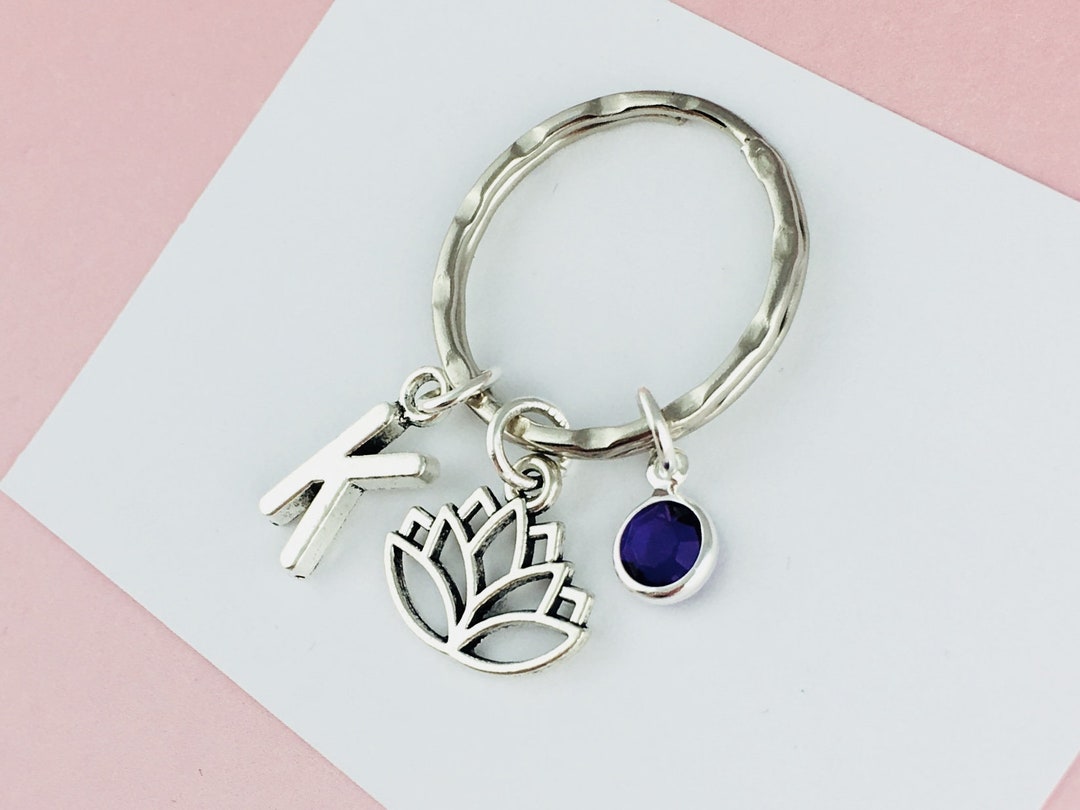 Lotus Flower Keyring, Personalised Gifts, Initial Charm, Birthstone ...