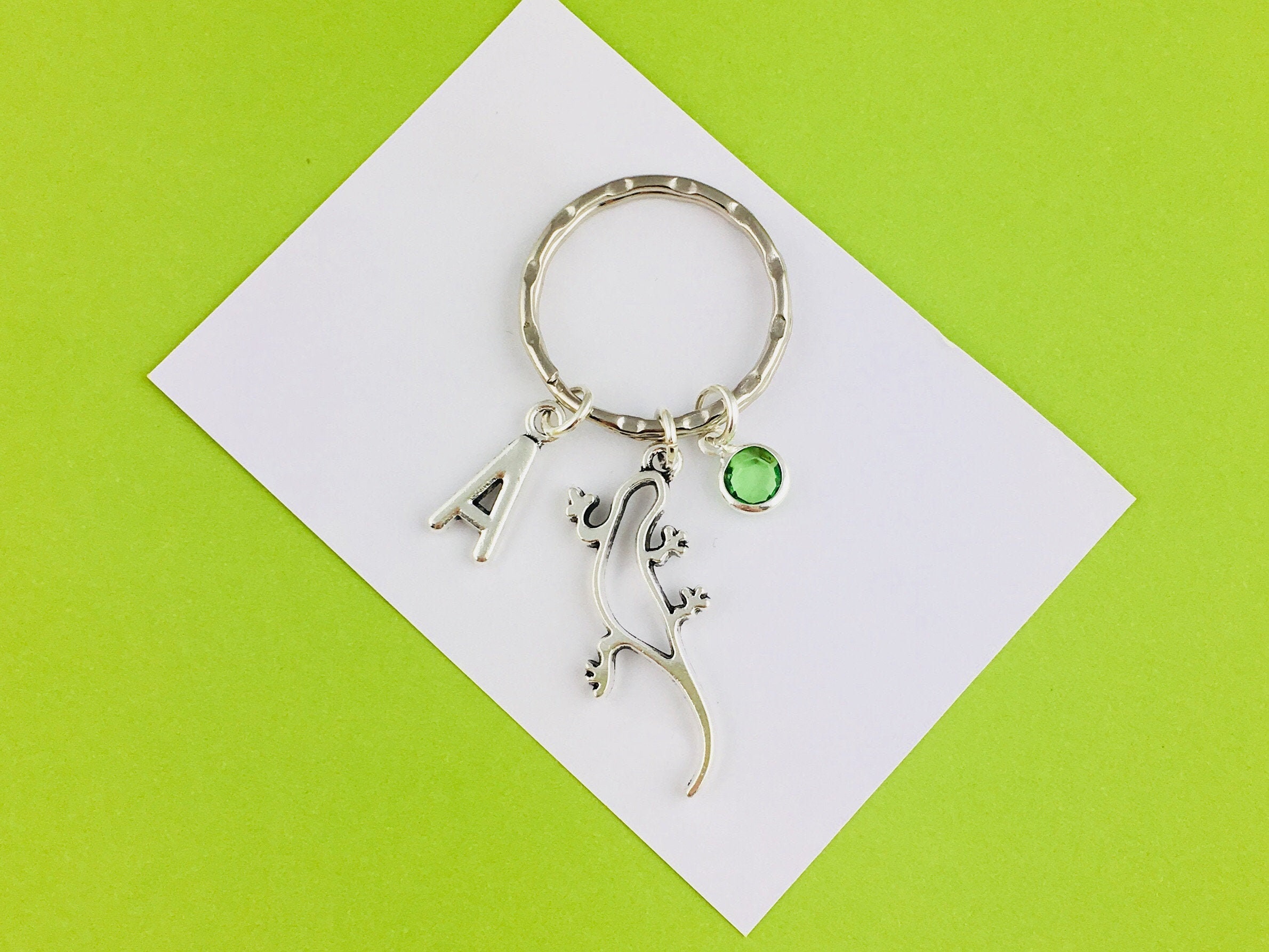 Personalized Lizard Keyring, Gecko Keychain, Custom Gift with initial and birthstone charm, Salamander gift for him, animal lover gift goth