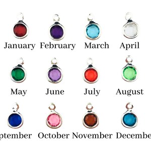 K&ouml;nnte beinhalten: Zw&ouml;lf silberne Charms mit farbigen Kristallen, die jeweils einen anderen Monat des Jahres repr&auml;sentieren. Januar ist rot, Februar ist lila, M&auml;rz ist blau, April ist klar, Mai ist gr&uuml;n, Juni ist helllila, Juli ist rot, August ist gr&uuml;n, September ist blau, Oktober ist rosa, November ist braun und Dezember ist blau.