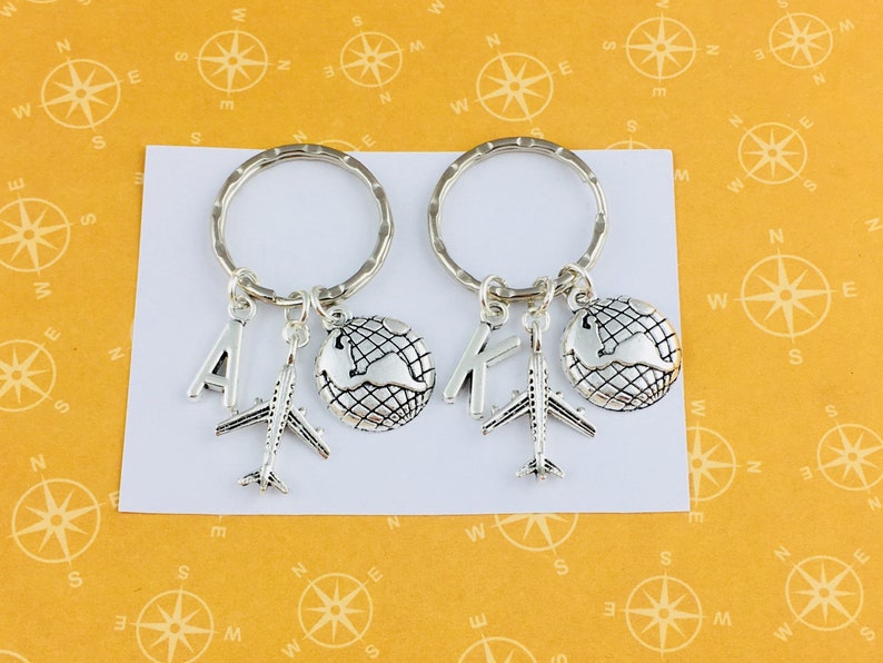 Airplane and globe keyrings, friendship keyring, gift for friend, travel gift, map keychain, gift for 2, matching couple keyrings earth image 2