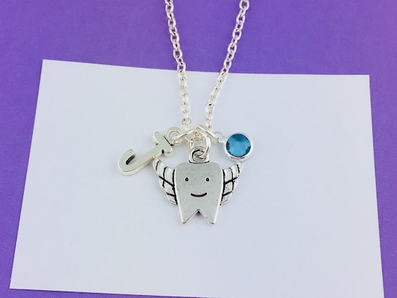 Tooth Necklace Initial Letter Birthstone Silver Charm Pendant Customized Jewelry Gift