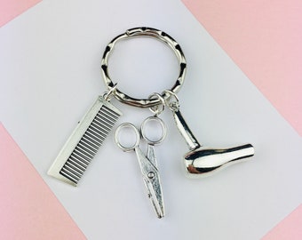 Hairdresser Keyring, Personalised Gift for Hairstylist, Barber Gift, Thank you gift for teacher Make Up Artist gift comb scissors hair dryer