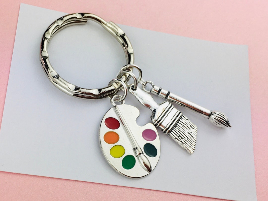 Personalised Artists Keyring, Palette and Paint Brush Keychain Paintbrush, Art Teacher Gift
