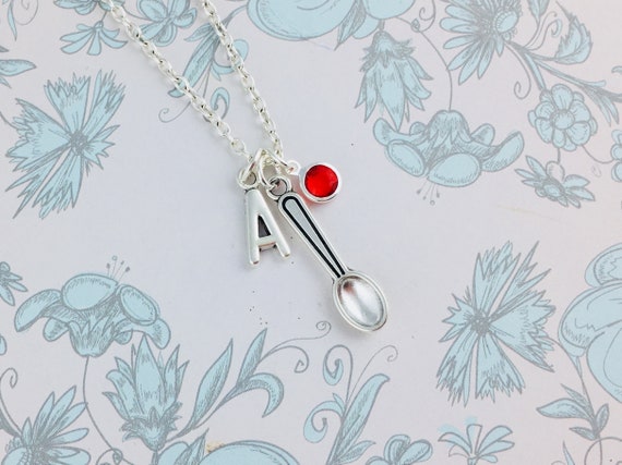 Spoon Necklace Personalised Gift Initial Charm and Birthstone