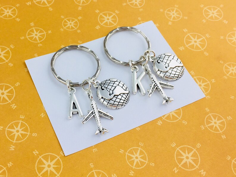 Airplane and globe keyrings, friendship keyring, gift for friend, travel gift, map keychain, gift for 2, matching couple keyrings earth image 9