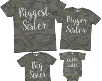 Camo Biggest Sister big Sister little Sister matching shirts going home outfit pregnancy announcement sibling shirts family photo Twins