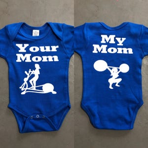 Crossfit inspired blue short sleeve one piece romper bodysuit your mom on eliptical and my mom lifting weights on back workout onesie