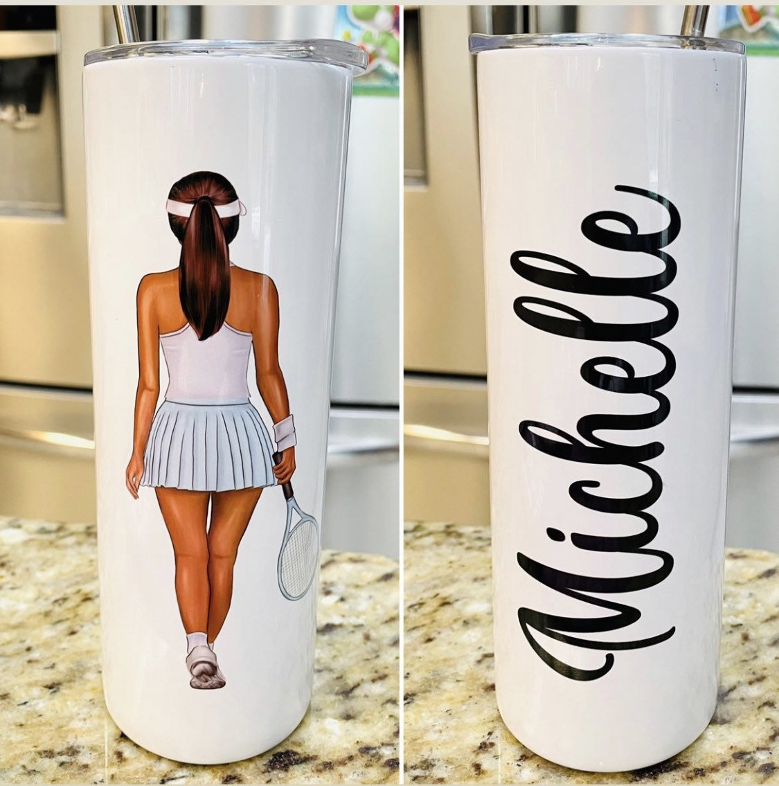 Tennis player w player name on back 20/30 oz tumbler with straw  can be customized lots of options perfect team gift usta tennis balls