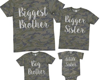 Camo MAMA Biggest Sister big Brother little Sister matching shirts going home outfit pregnancy announcement sibling shirts Twins