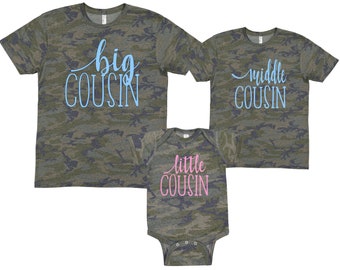 CAMO Big middle and little cousin matching blue and pink  great for family announcement pregnancy announcement baby shower gift