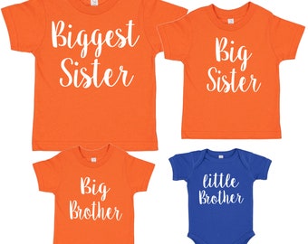 Orange & blue Biggest Sister big Brother little Sister matching shirts going home outfit pregnancy announcement sibling shirts family photo