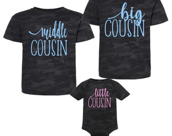 Black CAMO Big middle and little cousin matching blue and pink great for family announcement pregnancy announcement baby shower gift