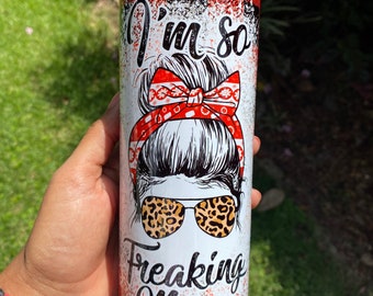 I’m so freaking merry Buffalo plaid Christmas holiday season tumbler with girl design and leopard detail snowflakes 20oz holiday gift