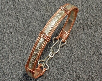 Narrow Sterling and Rose Gold Bangle Bracelet, Wire Wrap Bracelet, Handmade Sterling & Rose Gold Bracelet Women
