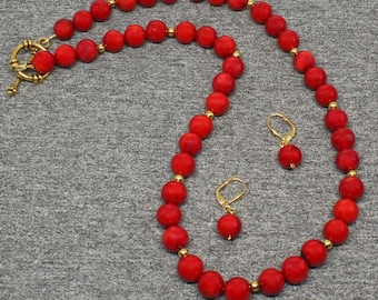 Handmade Red Coral Beaded Necklace w/Earrings, Statement Necklace for Women, Red Coral Natural Stone Necklace, Coral Jewelry