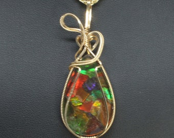 Rare Ammolite Gemstone Pendant, Natural Ammolite Necklace, 14K Gold Fill Wire Wrapped, Handmade Ammolite Jewelry Ammolite Pendant Necklace