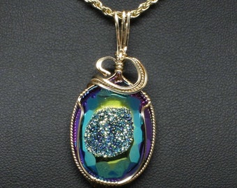 Titanium Druzy Quartz Gemstone Pendant, Rainbow Aura Quartz Crystal Necklace, 14k Gold Fill Wire Wrap, Handmade Druzy Pendant Necklace