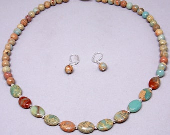 African Opal Beaded Necklace w/Earrings Handmade, Statement Necklace for Women, African Opal Natural Stone Necklace, Opal Gemstone Jewelry