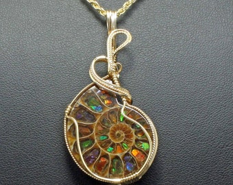 Ammonite w/Ammolite Stone Pendant, Ammonite Fossil Necklace, 14k Gold Fill Wire Wrapped, Handmade Ammonite Jewelry Ammolite Necklace Pendant