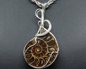 Ammonite Stone Pendant, Natural Ammonite Fossil Necklace, Handmade Sterling Silver Wire Wrap Gemstone, Ammonite Jewelry, Ammonite Necklace