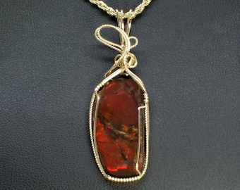 Rare Red Ammolite Gemstone Pendant, Natural Ammolite Necklace, 14K Gold Fill Wire Wrap, Handmade Ammolite Jewelry Ammolite Pendant Necklace