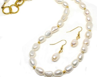 Freshwater Baroque Pearl Necklace w/Earrings, Handmade Statement Necklace for Women, Pearl Jewelry Set