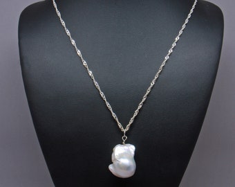 Large Freshwater Baroque Single Pearl Necklace, Long Pearl Necklace Woman, Real Pearl Necklace, Long Drop Necklace, Sterling Silver Chain
