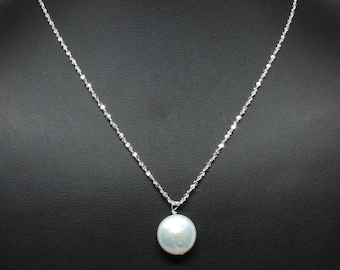 Coin Pearl  Necklace, Freshwater Pearl Necklace Woman, Real Pearl Necklace, Pearl Drop Necklace, Sterling Silver Chain
