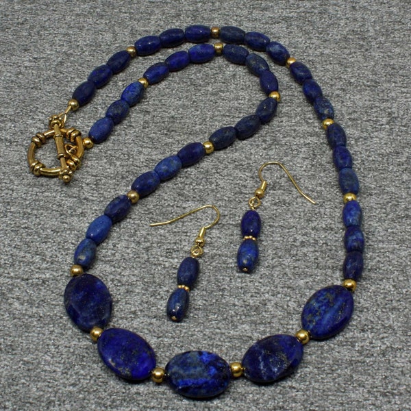 Lapis Lazuli Beaded Necklace w/Earrings Handmade, Statement Necklace for Women, Lapis Natural Stone Necklace, Blue Lapis Jewelry Set