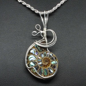 Ammonite w/Abalone Stone Pendant, Ammonite Fossil Necklace, Sterling Silver Wire Wrapped, Handmade Ammonite Jewelry Abalone Necklace Pendant image 1