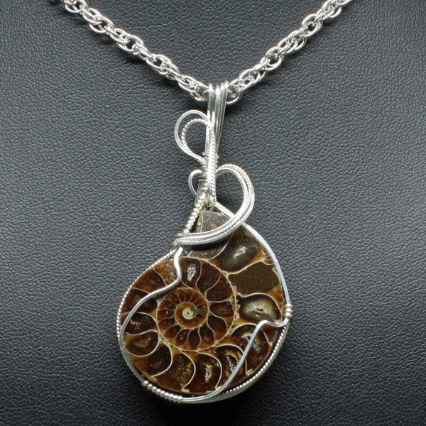 Ammonite Stone Pendant, Natural Ammonite Fossil Necklace, Handmade Sterling Silver Wire Wrap Gemstone, Ammonite Jewelry, Ammonite Necklace