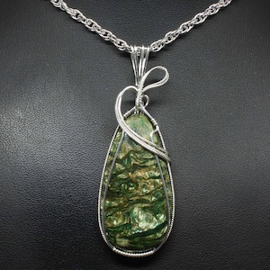 Large Green Opal Fossilwood Pendant, Natural Fossilwood Stone Necklace, Sterling Silver Wire Wrapped, Handmade Opal Pendant Necklace Women image 1