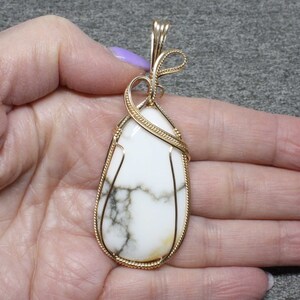 Large White Turquoise Gemstone Pendant, Natural Turquoise Stone Necklace, 14k Gold Fill Wire Wrapped, White Turquoise Pendant Necklace Women image 4