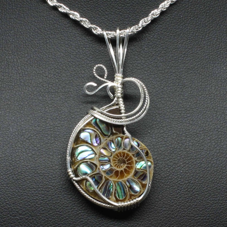 Ammonite w/Abalone Stone Pendant, Ammonite Fossil Necklace, Sterling Silver Wire Wrapped, Handmade Ammonite Jewelry Abalone Necklace Pendant image 1