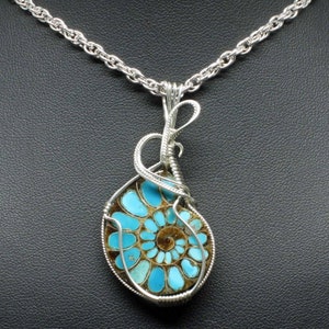 Ammonite w/Turquoise Stone Pendant, Ammonite Fossil Necklace, Sterling Silver Wire Wrap, Ammonite Jewelry Turquoise Necklace Pendant