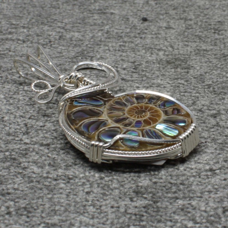 Ammonite w/Abalone Stone Pendant, Ammonite Fossil Necklace, Sterling Silver Wire Wrapped, Handmade Ammonite Jewelry Abalone Necklace Pendant image 6