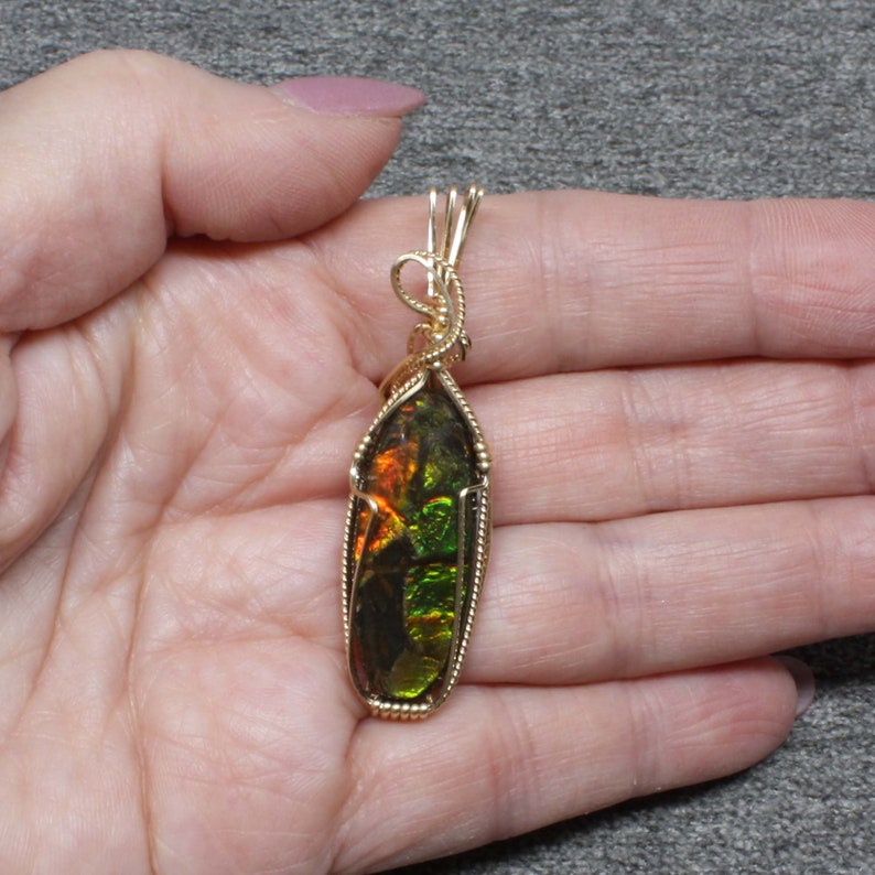 Rare Green Ammolite Gemstone Pendant, Natural Ammolite Necklace, 14K Gold Fill Wire Wrap, Handmade Ammolite Jewelry Pendant Necklace image 4