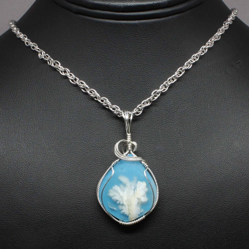 Blue Plume Agate Stone Pendant, Natural Plume Agate Necklace, Handmade Sterling Silver Wire Wrap Gemstone, Agate Jewelry Plume Agate Pendant image 2