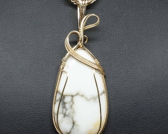 Large White Turquoise Gemstone Pendant, Natural Turquoise Stone Necklace, 14k Gold Fill Wire Wrapped, White Turquoise Pendant Necklace Women