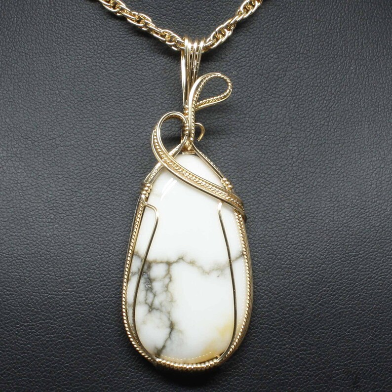 Large White Turquoise Gemstone Pendant, Natural Turquoise Stone Necklace, 14k Gold Fill Wire Wrapped, White Turquoise Pendant Necklace Women image 1