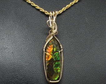 Rare Green Ammolite Gemstone Pendant, Natural Ammolite Necklace, 14K Gold Fill Wire Wrap, Handmade Ammolite Jewelry Pendant Necklace