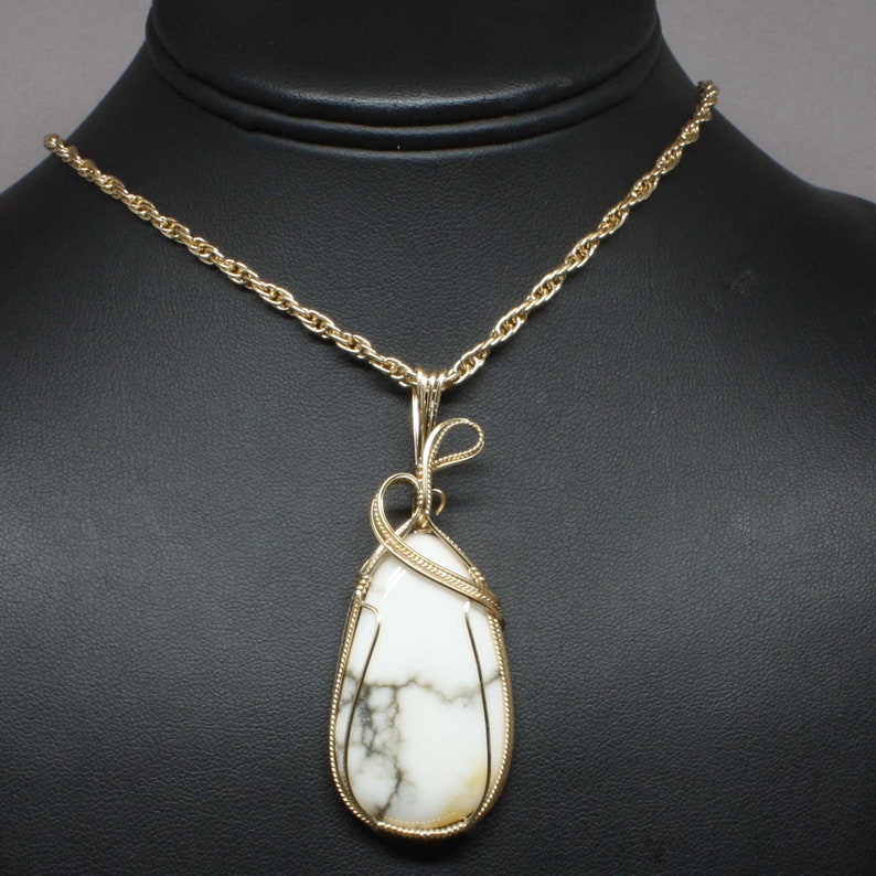 Large White Turquoise Gemstone Pendant, Natural Turquoise Stone Necklace, 14k Gold Fill Wire Wrapped, White Turquoise Pendant Necklace Women image 2