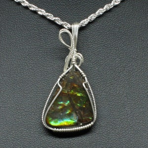 Rare Green Ammolite Gemstone Pendant, Natural Ammolite Necklace, Sterling Silver Wire Wrap, Handmade Ammolite Jewelry Pendant Necklace