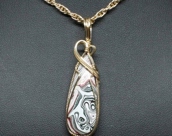 Fordite Pendant, Recycled Fordite Detroit Agate Necklace, Handmade 14k Gold Filled Wire Wrapped Fordite Jewelry