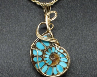 Ammonite w/Turquoise Stone Pendant, Ammonite Fossil Necklace, 14k Gold Fill Wire Wrap, Handmade Ammonite Jewelry Turquoise Necklace Pendant