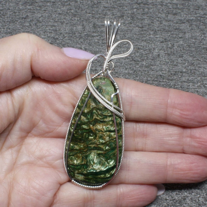 Large Green Opal Fossilwood Pendant, Natural Fossilwood Stone Necklace, Sterling Silver Wire Wrapped, Handmade Opal Pendant Necklace Women image 4