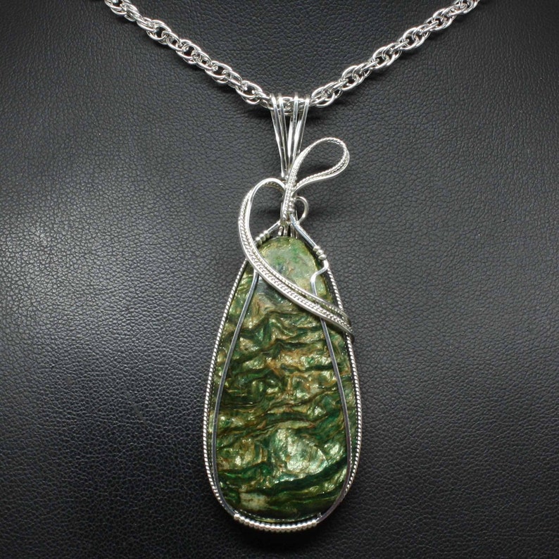 Large Green Opal Fossilwood Pendant, Natural Fossilwood Stone Necklace, Sterling Silver Wire Wrapped, Handmade Opal Pendant Necklace Women image 1