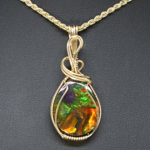 Rare Ammolite Stone Pendant, Natural Ammolite Necklace, Handmade 14K Gold Fill Wire Wrap Gemstone, Ammolite Jewelry,Fossil Ammolite Pendant