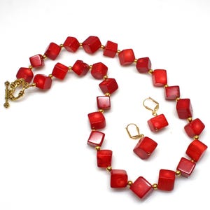 Red Coral Beaded Necklace w/Earrings Handmade, Statement Necklace for Women, Red Coral Natural Stone Necklace, Coral Gemstone Jewelry